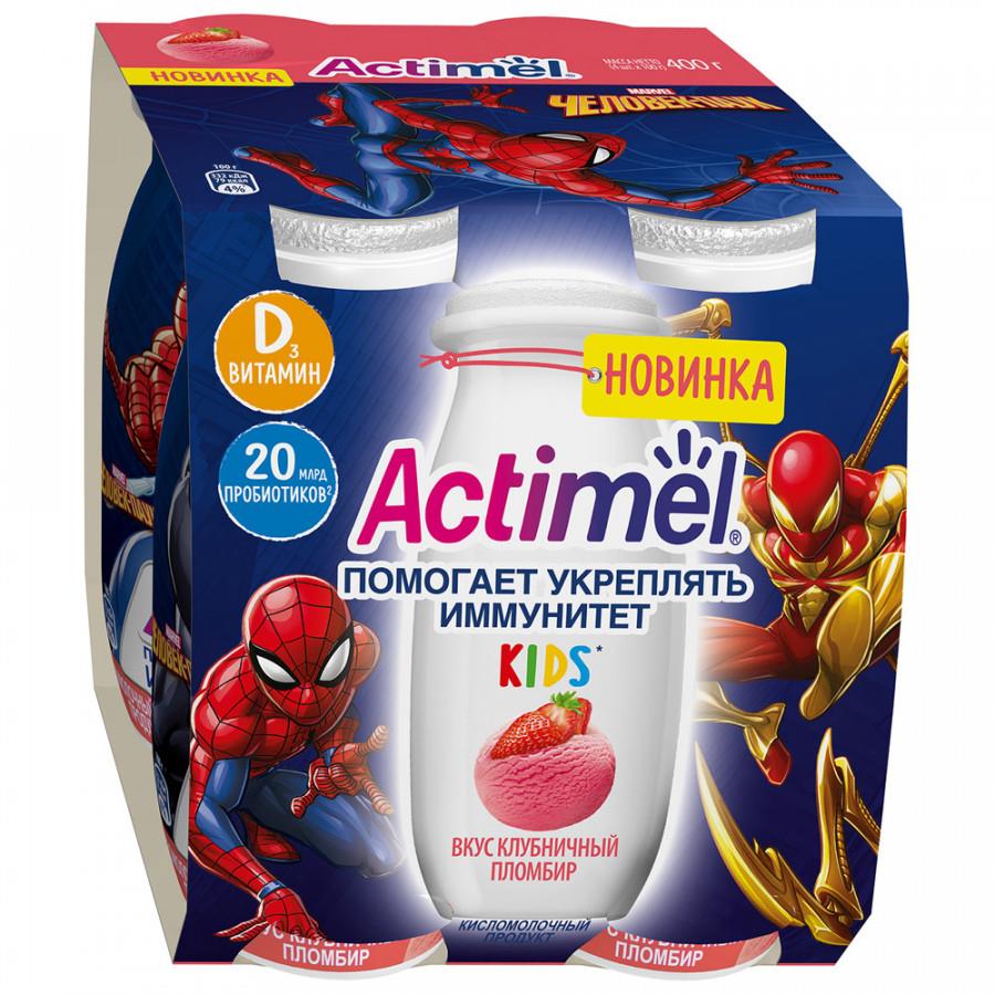 Напиток кисломолочный Actimel детский со вкусом клубничного пломбира Человек паук 2.5% 4 штуки по 100 г