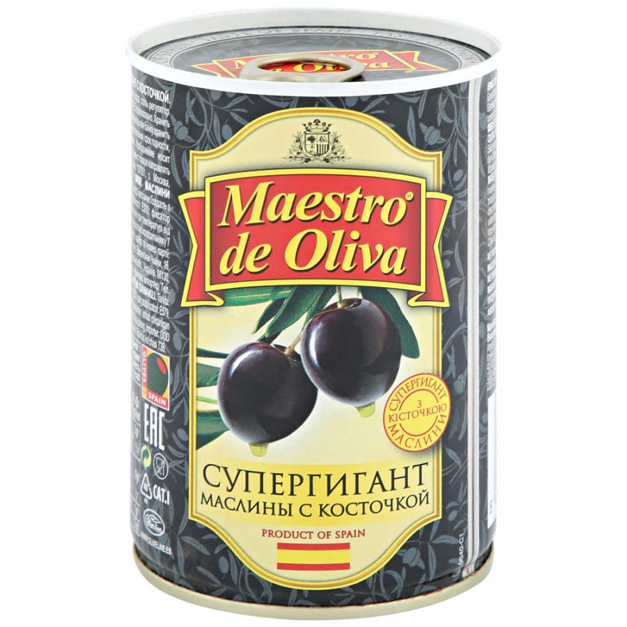 Маслины Maestro de Oliva Черные супергиганты с косточками 425 г