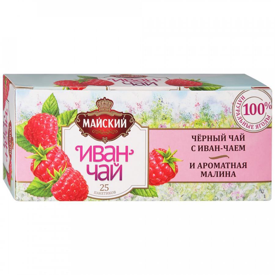Чай Майский Иван-чай черный листовой с малиной 25 пакетиков по 1.5 г